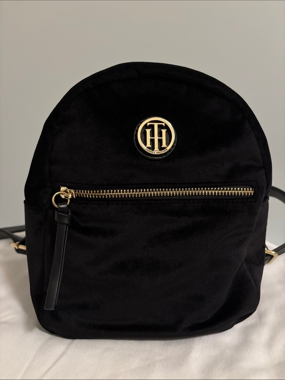 Tommy Hilfiger Black Velvet Mini Backpack with Gold Accents
